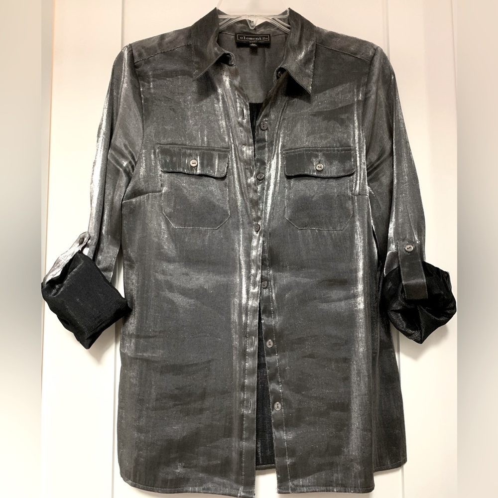 Shimmery metallic blouse, sleeves button at cuff, or fold up button mid sleeve.